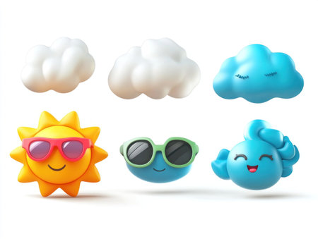 3D vector illustration of weather icons, including a sun wearing sunglasses and a cloud icon, isolated on a white background. The style is cartoon-like, reminiscent of Pixar's animation. The image is high resolution, in a color theme, with a white background, in PNG format. The perspective is ultra-wide angle, giving it a portrait photography feel. The overall mood is colorful and happy, against a white background, in PNG format. --ar 4:3 --v 6.1 Job ID: 7304f8e3-9be9-4a38-9cf8-7c7510756ab8の素材