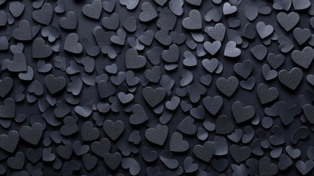 3D black hearts pattern background. Valentine's Day concept, flat lay. Black heart-shaped confetti on a dark background. Love wallpaper. --chaos 30 --ar 16:9 --v 6.1 Job ID: 30535340-b055-470d-92f9-7caf4749d543の素材