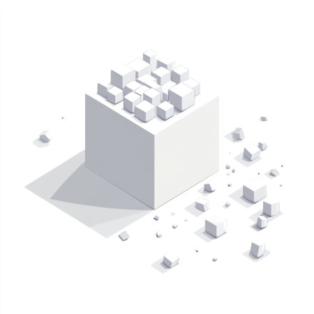 Isometric white cube with scattered blocks, a simple vector illustration on a white background with a white color palette. --v 6.1 Job ID: cbe0c9c4-32f7-4345-8cdf-e6df7130cb7dの素材
