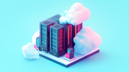 3D isometric illustration of cloud computing with a server and data center, light blue background, neon colors, white smoke around the elements, colorful design, high resolution, professional photography style, studio lighting, sharp focus, intricate details, highly detailed, digital art, high quality in the style of a professional photographer. --chaos 30 --ar 16:9 --v 6.1 Job ID: 69e5e881-a838-48d4-a05b-2966eb080d4cの素材