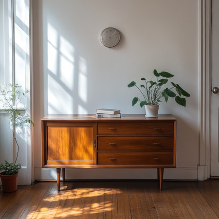 A wooden sideboard stands in the center of an empty room, a cabinet with three drawers and two doors against white walls. A single book rests on top, with potted plants nearby. The wooden floor leads to a front door in the background, where soft daylight filters in, creating a realistic photographic style. --v 6.1 Job ID: c565489c-c0b1-4614-b916-9fe943e73615の素材