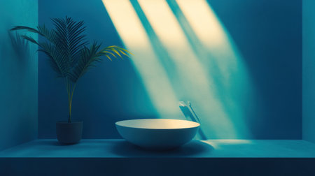 3D rendering of a white, modern bathroom with a sink and potted plant on the countertop. Minimalist interior design of a bright, clean bathroom, close-up shot. Bright room lighting, beautiful blue background. All focus, brightness, daylight, bright colors, volumetric light, photography, f/24. --chaos 30 --ar 16:9 --v 6.1 Job ID: e6d0c558-b98a-44b0-a9cc-7a92fcfa82cdの素材