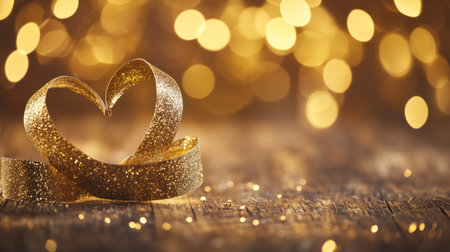 A delicate heart-shaped ribbon gracefully spirals on an old wooden table, casting soft shadows and creating a romantic atmosphere for Valentine's Day. The background is a warm golden gradient with scattered sparkles of light. This enchanting scene evokes the feeling of love in its purest form. Photographed in the style of Peter Lindbergh using a Canon EOS R5 camera with a wide-angle lens to capture intricate details and create a dreamy ambiance. --chaos 30 --ar 16:9 --v 6.1 Job ID: 936f90a1-320b-4f2f-bb0d-de8e9535d595の素材