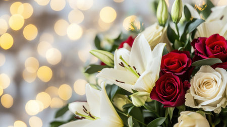 A bouquet of roses and lilies, with the soft-focus background creating an enchanting atmosphere. The warm tones of red and white create a romantic mood as they capture attention in the foreground. This image perfectly showcases the beauty and elegance that flowers bring to any setting, an ultra-realistic photograph captured in high resolution. --chaos 30 --ar 16:9 --v 6.1 Job ID: 954846f7-61a7-41d8-b8e7-fa188fbf0c76の素材
