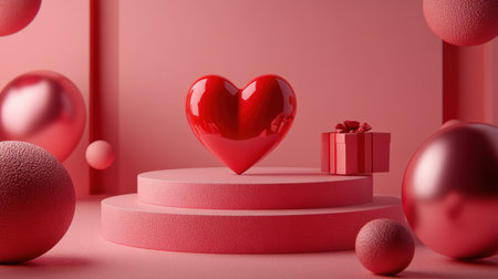 3D rendering of a Valentine's Day background on a peach-colored surface with a red heart and gift box, a geometric shape podium with empty space in the middle for product display presentation design concept. The image features sharp focus, high brightness, daylight-like lighting, volumetric lighting, and photography settings of f/8 and v5. --chaos 30 --ar 16:9 --v 6.1 Job ID: a6b6deea-290e-4bac-8390-f311d8ddc662の素材