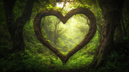 An enchanting forest scene with towering trees and lush greenery, with the heart-shaped frame filled by an empty white space for text or design elements. The background should feature dense foliage of various shades of green to create depth in your visual storytelling. This design is perfect as a backdrop for environmental themes or nature-inspired projects that need to convey harmony between humans and wildlife, isolated on a white background, high-resolution photography. --chaos 30 --ar 16:9 --v 6.1 Job ID: c1b05fc7-dd62-4494-a00d-1b05b5c25458の素材