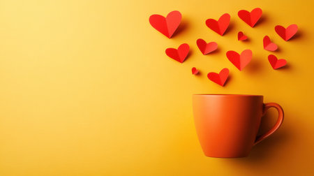 Abstract background with red hearts in the shape of a coffee cup on a colorful backdrop, a concept for a Valentine's Day celebration, with copy space. Love and romantic mood board. Flat lay composition. Minimal concept design. Red heart-shaped paper cutouts flying from the mug, copy space, flat layout. --chaos 30 --ar 16:9 --v 6.1 Job ID: 840d4247-2506-4338-b7d0-8a583b6a1c75の素材