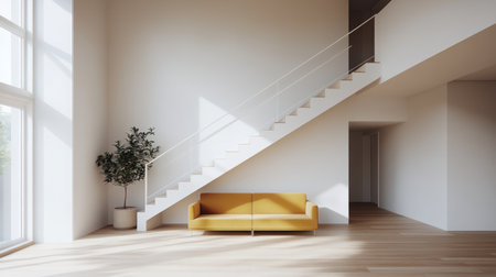 Modern living room with a yellow sofa and white walls, a minimalist interior design of modern home decor. --chaos 30 --ar 16:9 --v 6.1 Job ID: 73674922-0c9a-4964-8271-c549d95e8ff9の素材