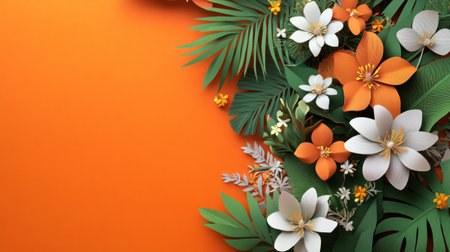 3D render of colorful tropical flowers and palm leaves on an orange background, in the style of paper cut art. --chaos 30 --ar 16:9 --v 6.1 Job ID: d6defac6-176e-4b55-bd8f-a338f816b6f1の素材