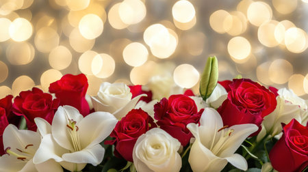 A bouquet of roses and lilies, with the soft-focus background creating an enchanting atmosphere. The warm tones of red and white create a romantic mood as they capture attention in the foreground. This image perfectly showcases the beauty and elegance that flowers bring to any setting, an ultra-realistic photograph captured in high resolution. --chaos 30 --ar 16:9 --v 6.1 Job ID: 954846f7-61a7-41d8-b8e7-fa188fbf0c76の素材