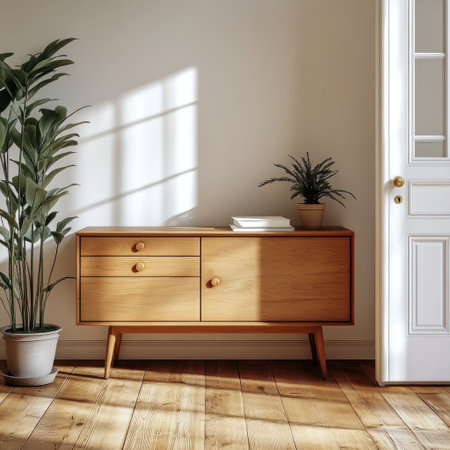 A wooden sideboard stands in the center of an empty room, a cabinet with three drawers and two doors against white walls. A single book rests on top, with potted plants nearby. The wooden floor leads to a front door in the background, where soft daylight filters in, creating a realistic photographic style. --v 6.1 Job ID: c565489c-c0b1-4614-b916-9fe943e73615の素材