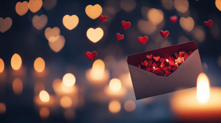 An envelope with red paper and hearts inside, floating in the air on Valentine's Day, surrounded by the warm light from candles. The background is blurred to emphasize the heart-shaped confetti around it. --chaos 30 --ar 16:9 --v 6.1 Job ID: 807b43be-b8d4-4a6a-ae3f-50dd6982e2c9の素材
