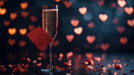 A champagne glass and an envelope with red heart-shaped paper on it, surrounded by glowing hearts in the background, creating a romantic atmosphere for a Valentine's Day celebration. High-quality photograph. --chaos 30 --ar 16:9 --v 6.1 Job ID: 4a8302dd-dc89-4897-98fb-f04e7b56bf37の素材