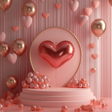 3D rendering of a Valentine's Day background with a heart-shaped podium and balloons. Mockup for product presentation design, ultra-realistic, hyper-realistic, high-resolution photography in the style of 3D rendering. --v 6.1 Job ID: 1cf4bac8-f3ec-4a18-92d9-1148aa3f305cの素材