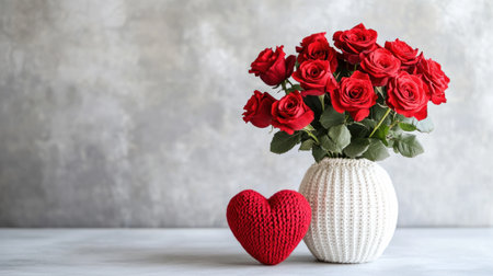 A bouquet of red roses in a white vase, with a heart-shaped knitted decoration on a light grey background, creating a Valentine's Day concept. --chaos 30 --ar 16:9 --v 6.1 Job ID: 8421aae7-78e2-4b7d-b6c0-655cbf326952の素材