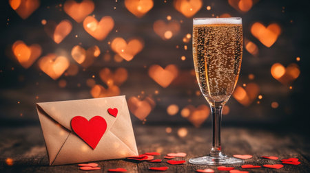 A champagne glass and an envelope with red heart-shaped paper on it, surrounded by glowing hearts in the background, creating a romantic atmosphere for a Valentine's Day celebration. High-quality photograph. --chaos 30 --ar 16:9 --v 6.1 Job ID: 4a8302dd-dc89-4897-98fb-f04e7b56bf37の素材
