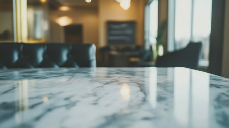 A sleek, modern desk with brass accents and a marble surface stands in the center of an elegant office space. The background features sophisticated decor elements like abstract art pieces, designer chairs, and stylish lighting fixtures. A black leather chair is placed at one end of the table, adding to its luxurious feel. There's also a gold lamp on top of it, casting warm light over everything. Focus stacking. --chaos 30 --ar 16:9 --v 6.1 Job ID: a528ca78-2f58-41f2-ae50-26ee1ded7948の素材