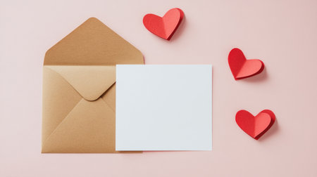 A mockup of an A5 card on top, with two red paper hearts next to it and an envelope in the background. The card is blank white for writing love letters or romantic messages. There's space around the postcard for text. Pale pink background. Flat lay. --chaos 30 --ar 16:9 --v 6.1 Job ID: 3cc3856b-c8b1-4aeb-b201-434cae91a569の素材