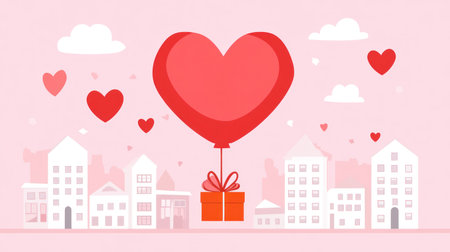 A heart-shaped balloon flies over the city, carrying gift boxes with red hearts inside them, against a pink background in a paper-cut style. This vector illustration features a flat design with white buildings and houses, a pink sky with clouds, and bright, romantic colors, conveying a love concept. This could be used as a Valentine's Day celebration banner template. --chaos 30 --ar 16:9 --v 6.1 Job ID: a14b8767-7aa7-4a92-8e7d-81a3fb707740の素材