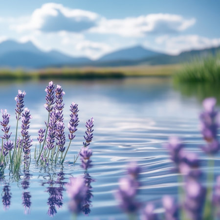 A photo of lavender flowers in the water, with ripples on the surface and a blurred background. In the foreground is an endless lake surface, a blue sky, white clouds, green grassland, distant mountains, a light purple color tone, soft lighting, delicate texture, and a calm atmosphere. --v 6.1 Job ID: de95ac68-cb70-421d-9b64-3d58ae3cb8abの素材
