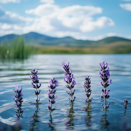 A photo of lavender flowers in the water, with ripples on the surface and a blurred background. In the foreground is an endless lake surface, a blue sky, white clouds, green grassland, distant mountains, a light purple color tone, soft lighting, delicate texture, and a calm atmosphere. --v 6.1 Job ID: de95ac68-cb70-421d-9b64-3d58ae3cb8abの素材