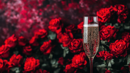 A champagne glass filled with sparkling bubbles stands in front of an array of red roses, creating a romantic and luxurious atmosphere for a Valentine's Day celebration. The background is adorned with vibrant red flowers, adding to the festive ambiance. This image can be used as a backdrop or banner design for commercial products related to love, romance, and luxury. --chaos 30 --ar 16:9 --v 6.1 Job ID: 3f35bf74-34c8-4de0-86cf-7cc4f416ce55の素材