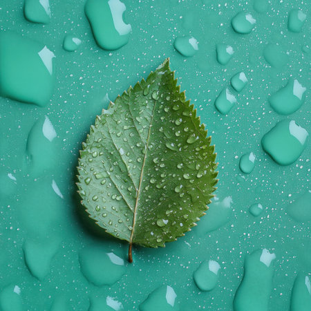 A single, dew-kissed green leaf lies on the surface of water droplets against a vibrant emerald background. The delicate texture and natural beauty of each raindrop adds to its charm. This image symbolizes nature's elegance in harmony with technology, making it perfect for eco-friendly or sustainable product packaging design, promotional materials, social media content, advertising, and web design. --v 6.1 Job ID: 230aabce-cf70-4e25-80e5-ff3db044d82fの素材