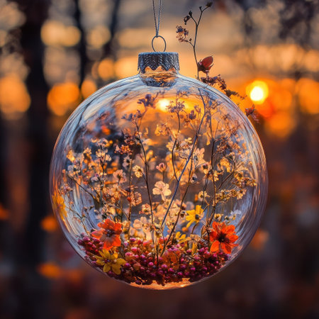 A transparent glass Christmas ornament, filled with tiny flowers and berries. The background is an autumnal forest at sunset. --v 6.1 Job ID: e0f39fa6-8b94-40f1-984a-a4ec8d22187cの素材