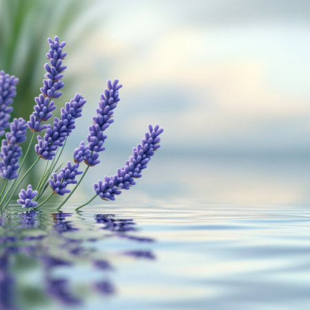 A photograph of lavender flowers in the water, with ripples on the surface and a blurred background of sky and lake. The focus is on the purple color of the lavender, which contrasts against the blue-green tones of nature. In the foreground, there is an empty space for text or design elements. This scene conveys a sense of tranquility and calmness, combining natural beauty with modern aesthetics. It would be suitable as a banner for social media pages related to spa, wellness, relaxation, body care, and the like. --v 6.1 Job ID: 520dbf1e-8512-465a-ac68-35fe68ab8013の素材