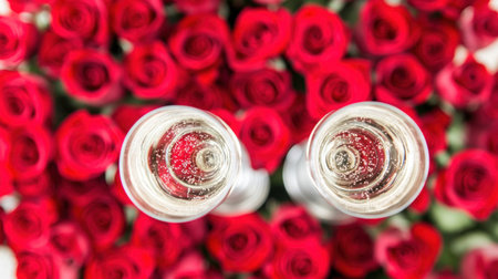 A background of red roses with two glasses filled with champagne, creating an atmosphere for a Valentine's Day celebration. The roses create a romantic and festive setting, while the sparkling wine adds to its allure. This composition is perfect as a backdrop or wallpaper design for special moments like dinner planning or gift venue selection. --chaos 30 --ar 16:9 --v 6.1 Job ID: 4f17ff9f-cc2f-441b-9d03-ab0aa8faf43eの素材
