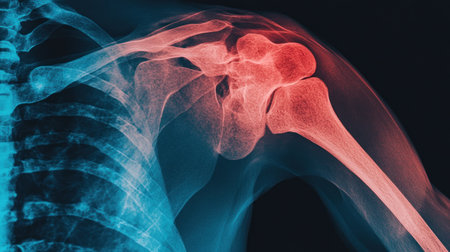 An X-ray of the shoulder joint, highlighting areas with red and blue colors to represent pain in one or both shoulders. The background is dark for contrast, focusing on glowing images showing the healthy bone structure. --chaos 30 --ar 16:9 --v 6.1 Job ID: e2f03c0c-9572-4051-adbc-12fd3bdbd8d7の素材