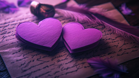 A close-up of two paper hearts on an old-fashioned love letter, with feathers and writing around them, in shades of pink and purple. The background is blurred to emphasize the foreground elements. --chaos 30 --ar 16:9 --v 6.1 Job ID: eeab06ca-b7e5-4dd4-8c39-b48043fc239cの素材