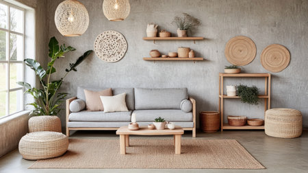 A Scandinavian-style living room with concrete walls, a light grey color palette, a wooden shelf for decorative items and plants, a sofa in grey fabric, a coffee table on the floor, pendant lights hanging from the ceiling, wooden flooring, a white window on the left side of the wall, and bright natural lighting, creating an inviting atmosphere. --chaos 30 --ar 16:9 --v 6.1 Job ID: c878eb10-5835-4647-87f2-978daae5b544の素材