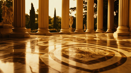 A marble floor with ornate patterns and golden accents, surrounded by towering columns in an opulent palace hall. The light reflects off the polished surface, creating vibrant reflections of the surrounding architecture. --chaos 30 --ar 16:9 --v 6.1 Job ID: 07da4dbb-6989-487b-a2da-d1d89f48c21dの素材