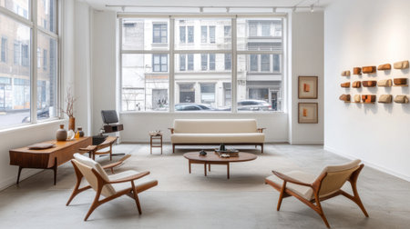 A modern living room with white walls, large windows, and concrete floors. There is an elegant sofa in the center of the space, along with two armchairs on either side. A coffee table sits between them, holding various decor items like vases filled with flowers or books. The TV stand is placed against one wall near the entrance door, and the floor has light grey-colored tiles. The absence of people creates a serene atmosphere. The lighting should be soft and warm, highlighting the details of the furniture and decorations. --chaos 30 --ar 16:9 --v 6.1 Job ID: b5038cb2-54a2-4ae7-bb58-8c0814602568の素材