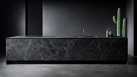 A modern kitchen in black with an island, in a contemporary style, with green cacti on the side of an empty countertop and white lighting. Photography. --chaos 30 --ar 16:9 --v 6.1 Job ID: 5736638f-89e3-4b5f-bc2d-99ed78acbc4eの素材