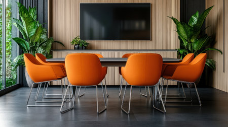A modern conference room with orange chairs and a large TV on the wall, featuring a contemporary interior design style. The room has a black and gray carpet flooring, tall windows overlooking a garden, and light wood cabinets in the background. The furniture is minimalistic, and the space is accented by lush green plants. Modern art paintings are hanging above the table, creating a professional and stylish atmosphere. --chaos 30 --ar 16:9 --v 6.1 Job ID: ae6ab04e-49bc-4eb3-b7c1-b7eb61fc80f8の素材