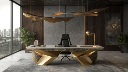 A sleek, modern desk with brass accents and a marble surface stands in the center of an elegant office space. The background features sophisticated decor elements like abstract art pieces, designer chairs, and stylish lighting fixtures. A black leather chair is placed at one end of the table, adding to its luxurious feel. There's also a gold lamp on top of it, casting warm light over everything. Focus stacking. --chaos 30 --ar 16:9 --v 6.1 Job ID: a528ca78-2f58-41f2-ae50-26ee1ded7948の素材
