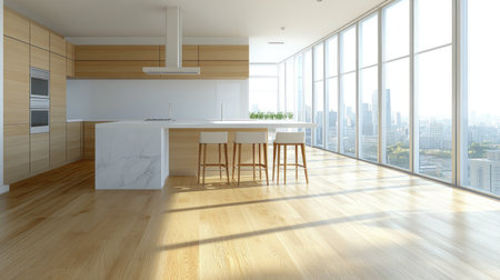 A modern kitchen interior with an island and white marble countertop, a light wooden floor, large windows overlooking the city, a minimalistic style, white walls, a neutral color palette, a panoramic view of an apartment on the top floors, 3D rendering, high-resolution photography, ultra-realistic, cinematic lighting, high-quality details, and a natural look. --chaos 30 --ar 16:9 --v 6.1 Job ID: caaf5626-5fdd-4e7d-9035-251b59a31e24の素材