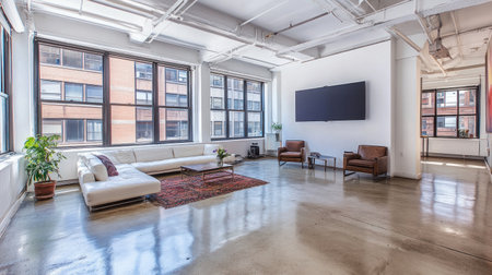 A modern living room with white walls, large windows on the left side, and a flat-screen TV hanging above the sofa. There is an empty wall for artwork or picture frames in front of the couch, complemented by two armchairs and a coffee table. The floor nearby has polished concrete tiles that add to its modern feel. A potted plant sits beside one window, while another flower vase stands near the entrance door. --chaos 30 --ar 16:9 --v 6.1 Job ID: 7af95b9c-5035-48a1-97f2-0d101c5bb83aの素材