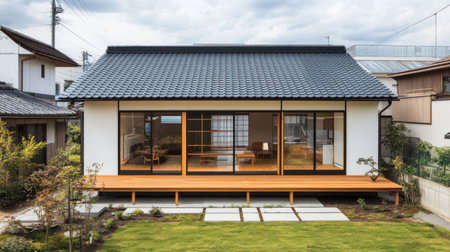 A modern house with large windows and a wooden floor, sliding doors leading to the garden, white walls, a black roof, modern furniture inside, a view of the lawn from the terrace, contemporary architecture, and a minimalist design. --chaos 30 --ar 16:9 --v 6.1 Job ID: cc6e84b0-f77e-41b1-8931-78cb1e3bd9c4の素材