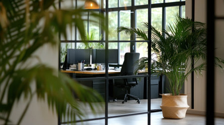 A modern office space with glass walls, large windows, and desks arranged in an open layout. The room is well-lit by natural light from the windows, creating a bright atmosphere. The office is currently unoccupied. --chaos 30 --ar 16:9 --v 6.1 Job ID: a65454f2-380c-48a7-8773-a2bcbd979adaの素材