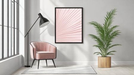 A modern poster mockup with an armchair and floor lamp, framed in black on the wall, grey background, contemporary art style, dark gray tones, minimalistic design, simple shapes, geometric patterns, modern chair with velvet fabric texture, elegant lighting, sleek silhouette of light, wooden base for a carpet or potted plant. --chaos 30 --ar 16:9 --v 6.1 Job ID: e911fcac-c3ff-4785-a1f7-650843e7986cの素材