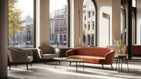 A modern hotel lounge, featuring a living room with a sofa and armchairs in front of large windows overlooking the city center. The walls are adorned with panels made from light wood and dark metal, while the sleek furniture is complemented by soft fabric cushions. The warm lighting creates an inviting atmosphere, reflecting the luxurious interior design style. --chaos 30 --ar 16:9 --v 6.1 Job ID: c78e5f6e-6168-4858-a866-24666410e53fの素材