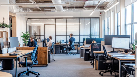 A modern office with glass walls, desks, and chairs in an open space. The interior features neutral tones of a white ceiling, light gray carpet flooring, wooden furniture, and sleek metal accents. There is a large window on one side that offers natural lighting and green plants for decorative elements. --chaos 30 --ar 16:9 --v 6.1 Job ID: f1d62c9f-a1a1-4320-ae37-4b6bb53af318の素材