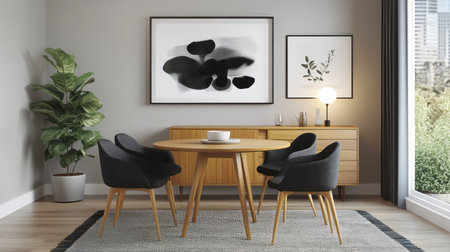 A Scandinavian-inspired dining room with black and white abstract art, natural wood furniture, a wooden sideboard, an oak table, chairs, and soft lighting, creating a warm atmosphere for enjoying lunch or dinner in the living area. A rug adds texture to the space. --chaos 30 --ar 16:9 --v 6.1 Job ID: 511df8be-f5b9-447e-8ede-142da8f7c01cの素材
