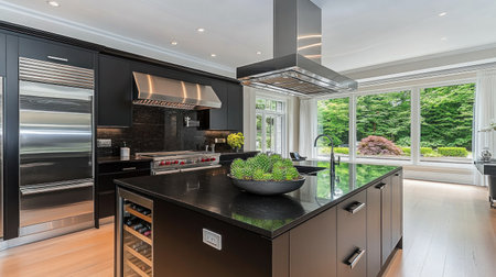 A modern kitchen in black with an island, black cabinets, and a dark countertop. There is a green cactus on the countertop. A small light is hanging from the ceiling. There are stainless steel appliances and white walls. A window on one side of the room shows trees outside, with white curtains on the windows. A wine rack is located under the cabinet. --chaos 30 --ar 16:9 --v 6.1 Job ID: de5f756b-2580-4340-9089-c41703901cf9の素材