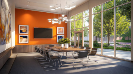 A modern and sleek conference room with an orange accent wall, featuring large windows for natural light, comfortable chairs around the table, a flat-screen TV on one side, plants in vases to add life to the space, gray carpet flooring, wooden cabinets, high ceiling, and professional lighting fixtures. The overall atmosphere is elegant yet inviting. --chaos 30 --ar 16:9 --v 6.1 Job ID: 81ce1f47-f830-4a6f-a610-bac06fee7219の素材