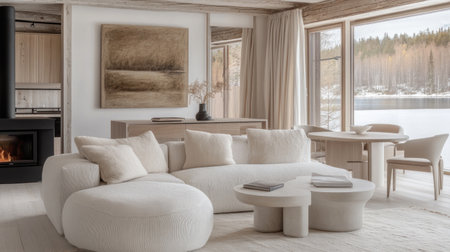 A modern Scandinavian interior of a living room with a light gray sofa, white walls, and a wooden ceiling. A black fireplace stands in the room, and a large window on the right side offers a view of a lake. In the background, a kitchen area is visible. The space is filled with warm lighting, and decorative paintings hang above the couch. Modern chairs surround a table, creating a cozy atmosphere. The room features natural materials, including a wooden floor and wooden cabinets near the stove. The space is bathed in natural sunlight. --chaos 30 --ar 16:9 --v 6.1 Job ID: 86f5d0f3-061b-41f4-9d7c-232bb169e829の素材