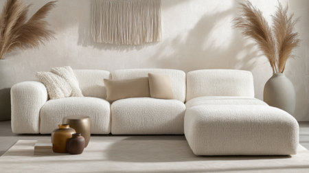 A macramÃ© wall hanging in the living room, adding bohemian charm to your home decor. A beige sofa with knitted cushions and an ottoman on wooden legs sits against it. The walls have a white color scheme, creating a cozy atmosphere. There are also pampas grass and decorative vases for accent lighting. --chaos 30 --ar 16:9 --v 6.1 Job ID: e41dba5d-3d74-41f3-b2f2-eed28528b81cの素材